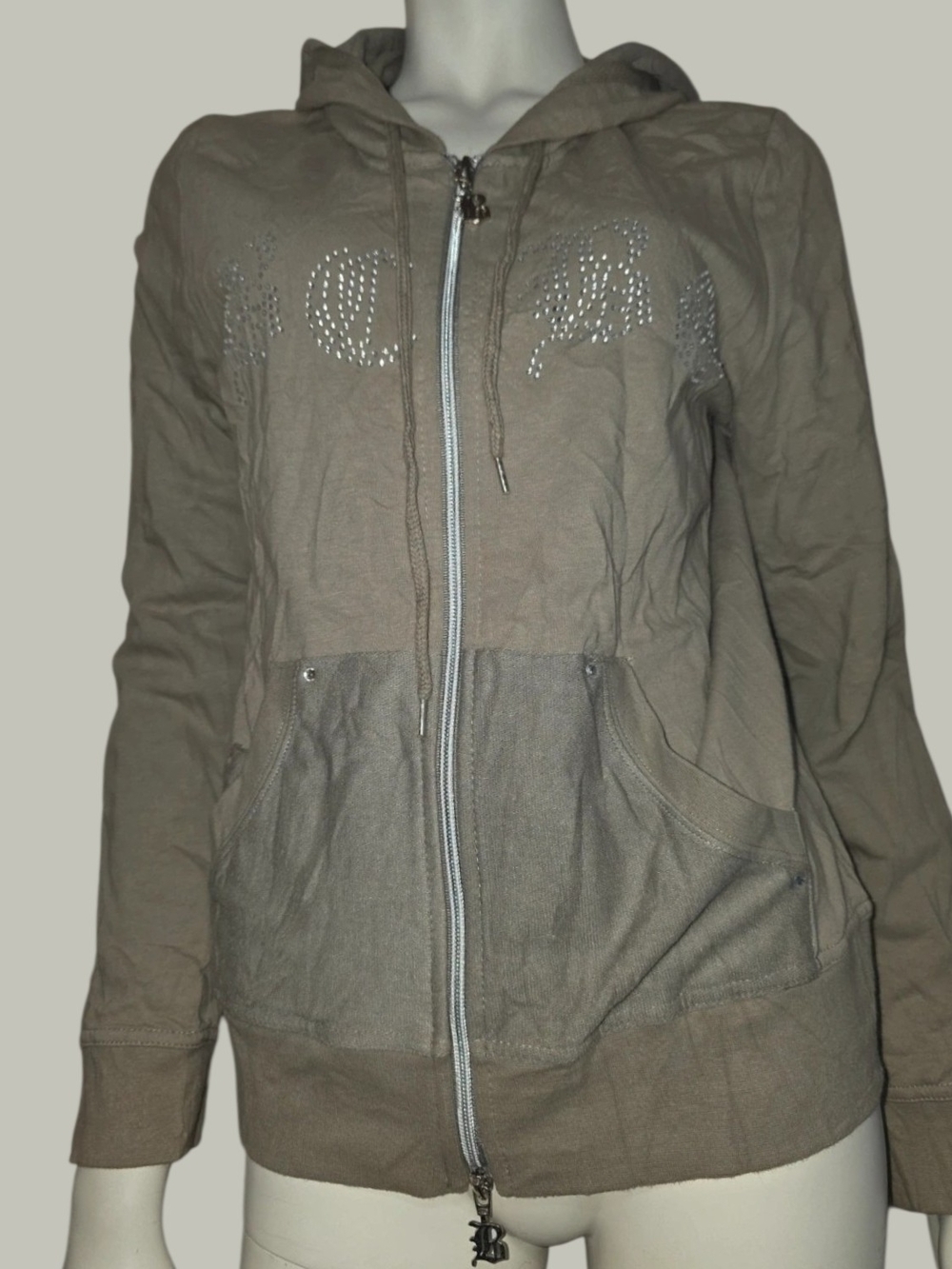 BCBG Taupe Hooded Zip-Up Jacket with Studded Logo